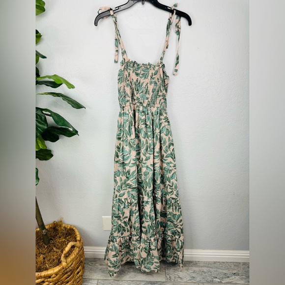 Dress Forum Los Angeles Beige Leaf Print Smocked Tiered Tie Knot Straps Dress - Picture 6 of 8